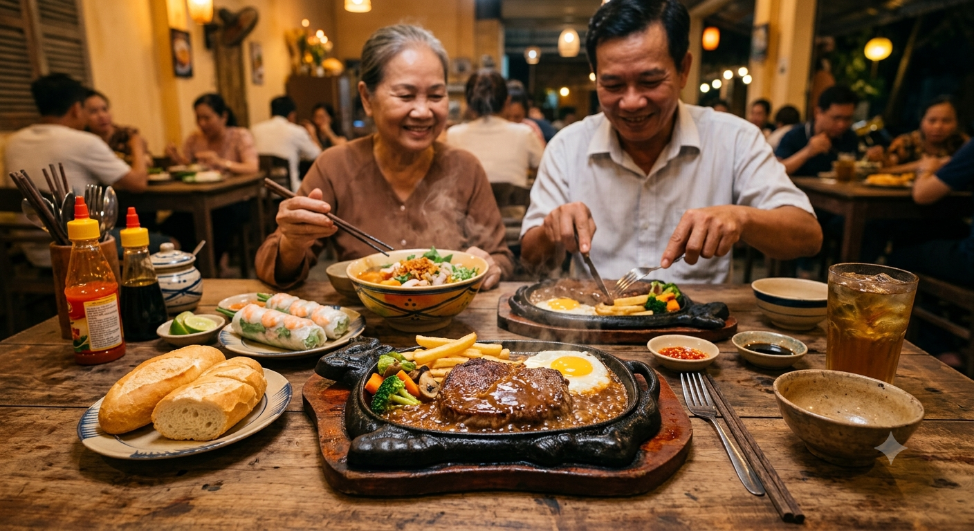 Thưởng thức Bít Tết Má 4 nóng hổi chuẩn vị quán ăn gia đình